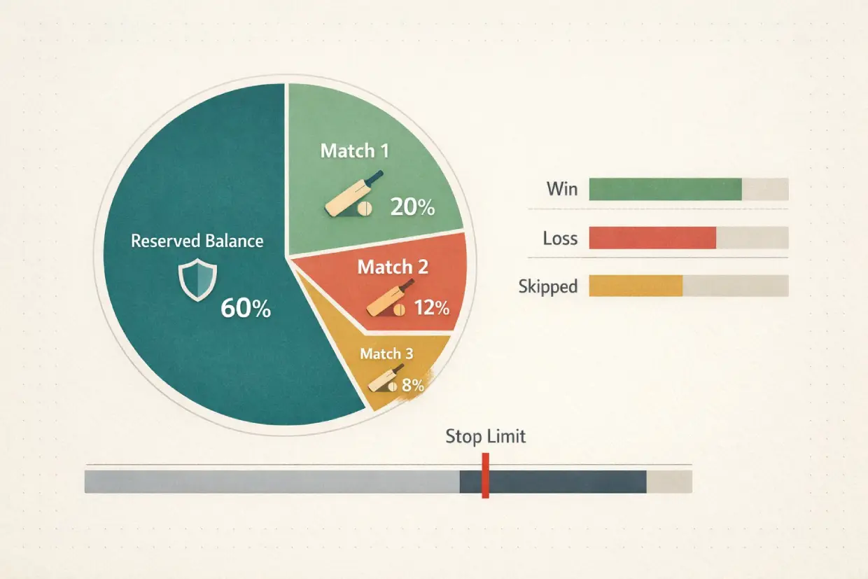 Cricket betting bankroll management strategy showing balanced stake distribution across matches