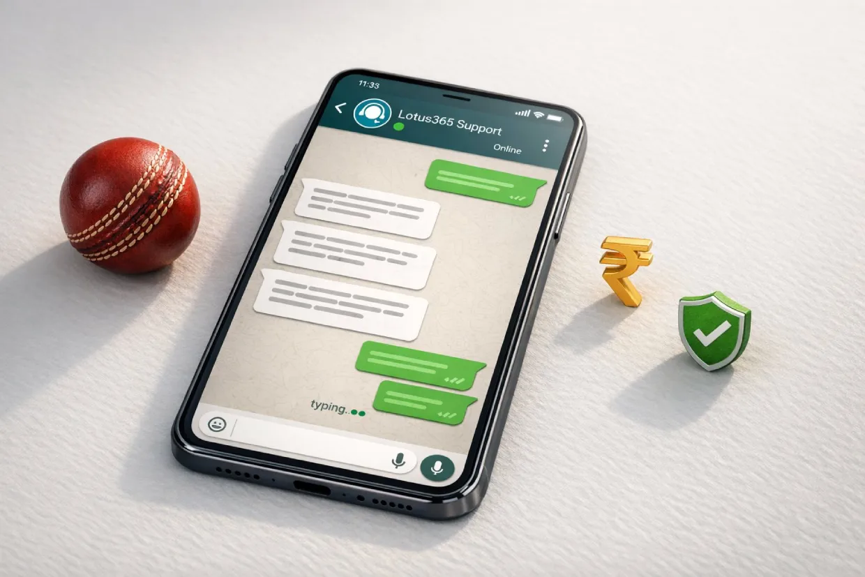 Lotus365 customer support WhatsApp chat interface on a smartphone with cricket and security icons